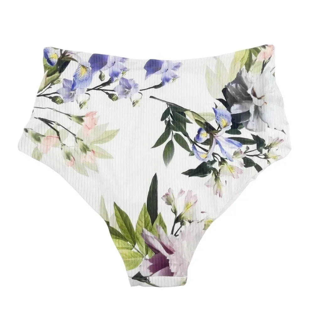 NWT TiniBikini Floral Ribbed Bikini Set S/M Eyelet Detail Swim White Lavender